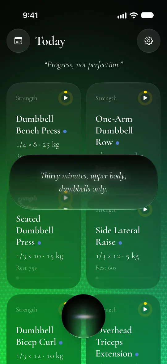Pasta’s Today screen listening: a caption bubble reads “Thirty minutes, upper body, dumbbells only.” over a green glow.