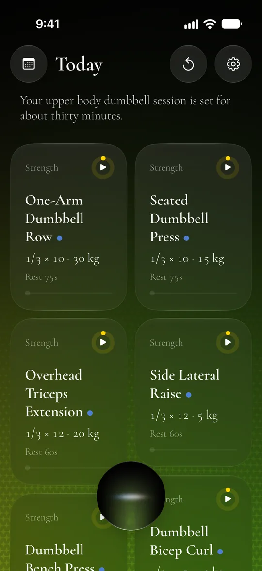 Today with the session Pasta built: “Your upper body dumbbell session is set for about thirty minutes,” above cards for each exercise with sets, reps, weight and rest.