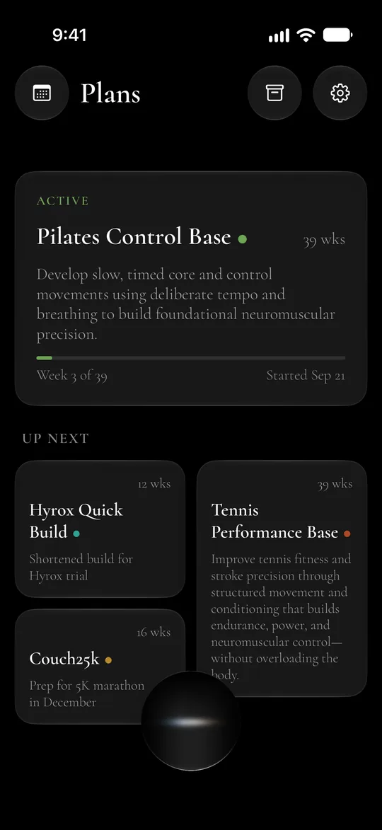 Plans: a Pilates plan active in week 3 of 39, with a Hyrox build, a tennis plan and Couch to 5K up next.