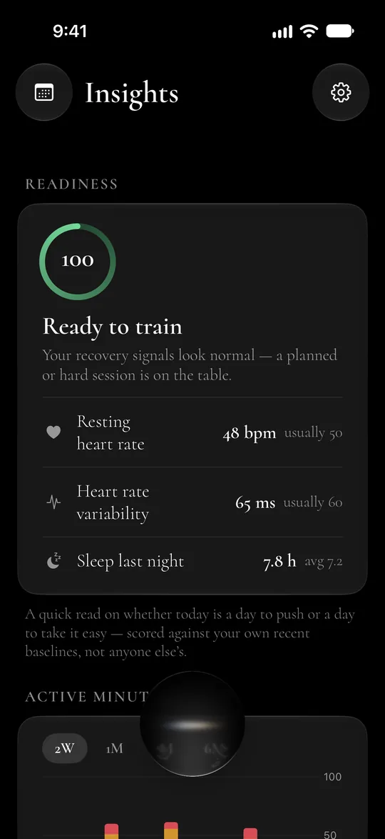 Insights: a readiness score of 100, Ready to train, from resting heart rate, heart rate variability and last night’s sleep.