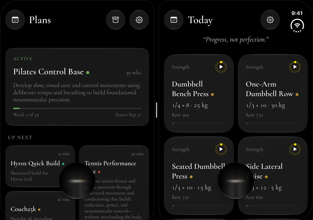 iPhone Duo’s inner display with two Pasta windows side by side: Plans on the left, Today on the right.