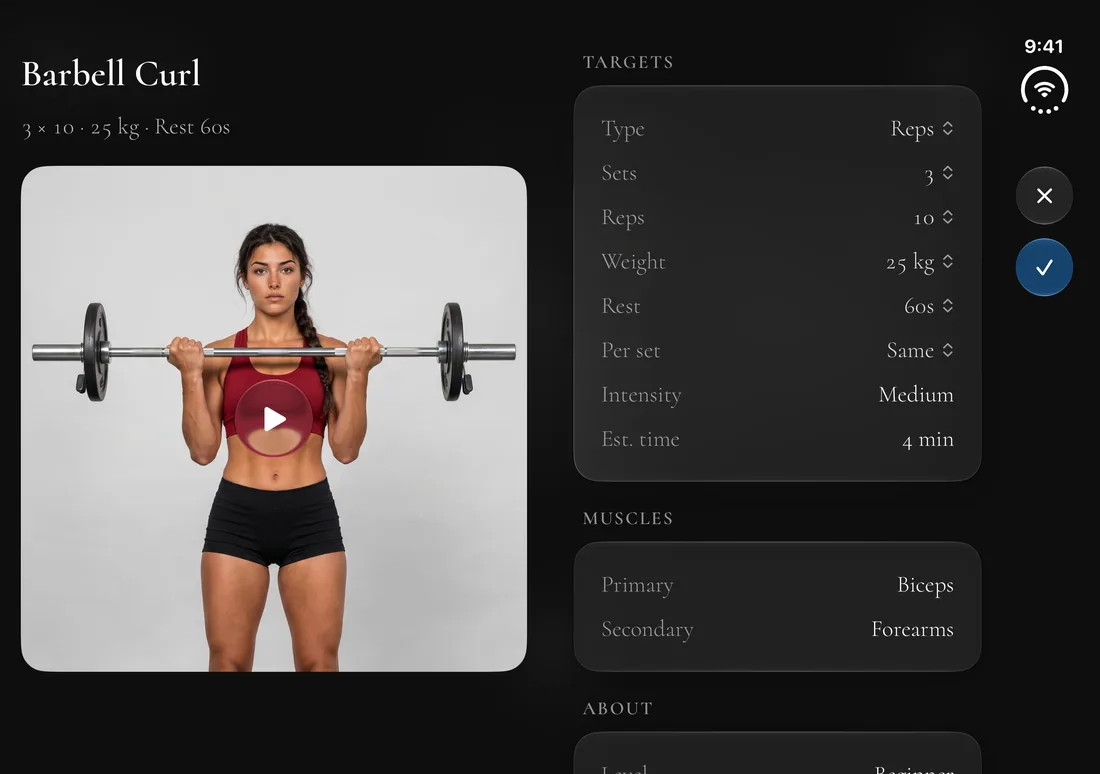 iPhone Duo’s inner display showing the Barbell Curl: its technique still on the left of the fold, targets and muscles on the right.