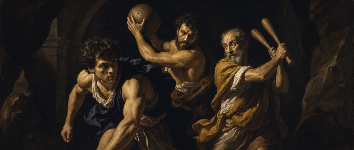 Three men training under stone arches: a young man crouched to spring, a bearded man lifting a leather ball overhead, and an older man swinging two wooden clubs.