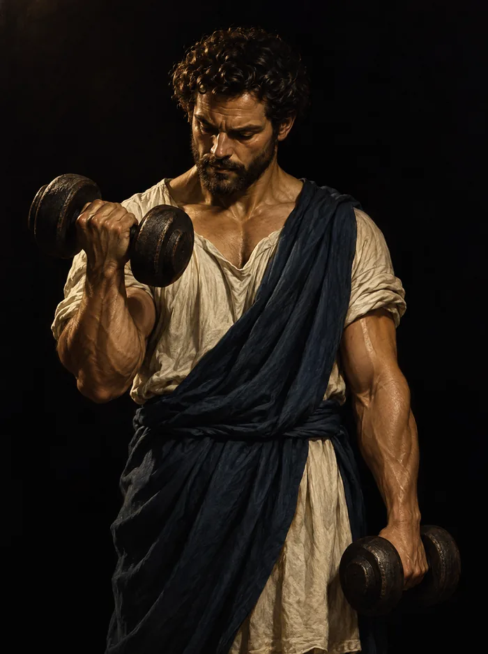 A bearded man in a blue sash curls a dumbbell, eyes down.
