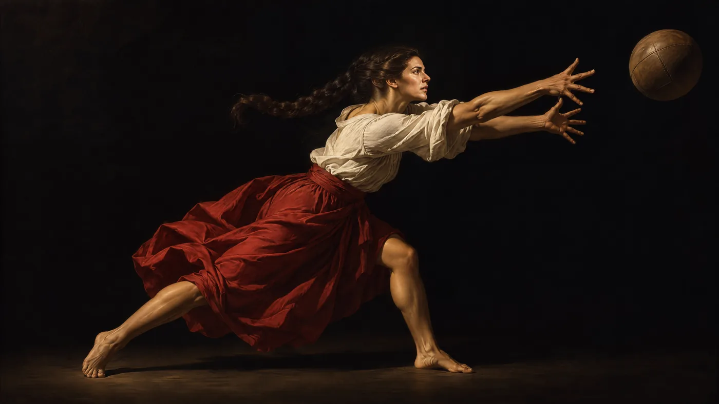 A woman in a white blouse and red skirt lunges forward with her arms outstretched after a leather ball, in a dark, candle-lit style.